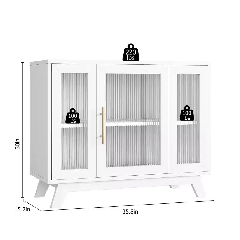 36 Inch Modern Sideboard with Fluted Glass Doors with Adjustable Shelves, Kitchen, Living Room Decorative Cabinet