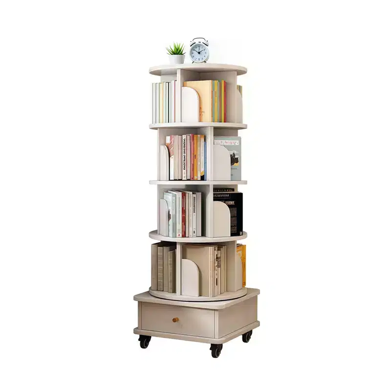 56 5-Tier 360 Rotating Bookshelf, Oak MDF Tower w/ Wheels&Drawer (Space-Saving Storage for Home/Office),white