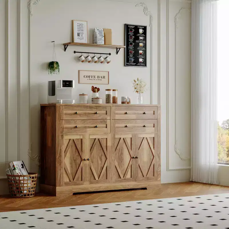 55 in Large Sideboard Buffet Cabinet with Storage, 4 Drawers and 4 Doors, Kitchen Storage Cabinet with Adjustable Shelf, Wood Coffee Bar for Hallway