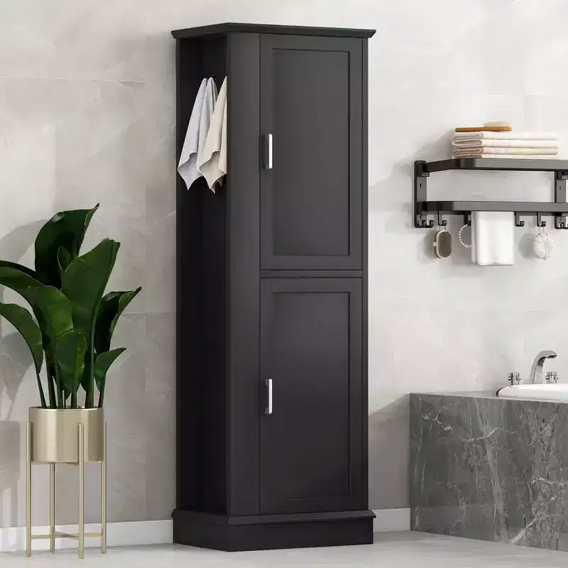 Tall Bathroom Cabinet Freestanding with Hook, Adjustable Shelf, MDF, White