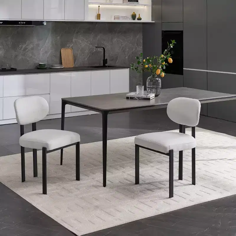 Modern Dining Room Chairs Set of 2 Mid-Century Upholstered Boucle Kitchen Dining Chairs Accent Side Chairs with Black Metal Legs Beige