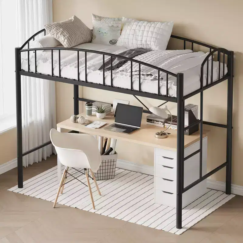 Twin Loft Bed with Stairs & Arched Guardrail, Metal Platform Bed, Space-Saving, No Box Spring Needed, for Kids & Dorm Room