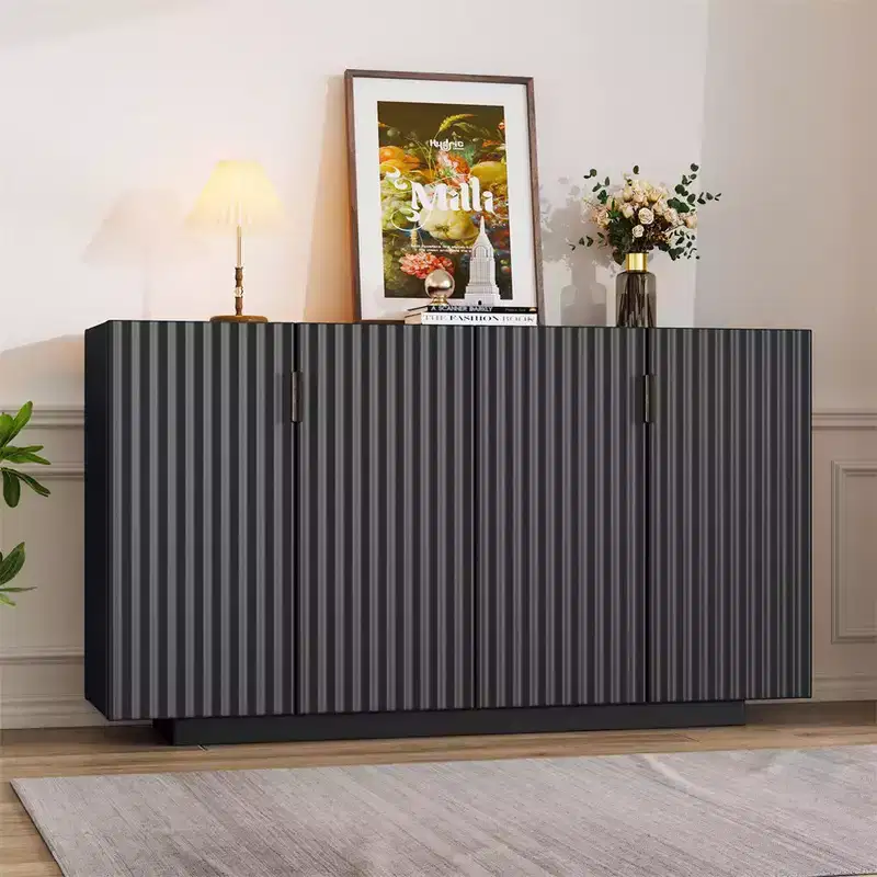 4 Wavy Door Retro Storage Buffet Sideboard Cabinet with Adjustable Shelves & Copper Handles