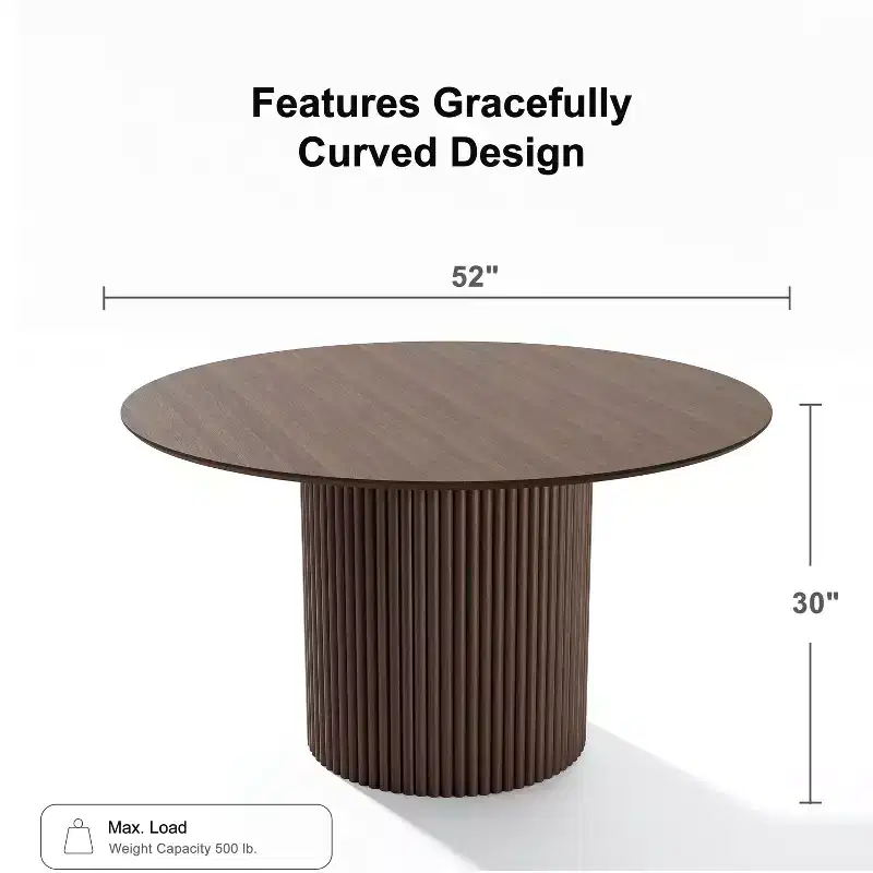 Mid-Century Round Dining Table, Solid Rubberwood, Walnut, Seats 4