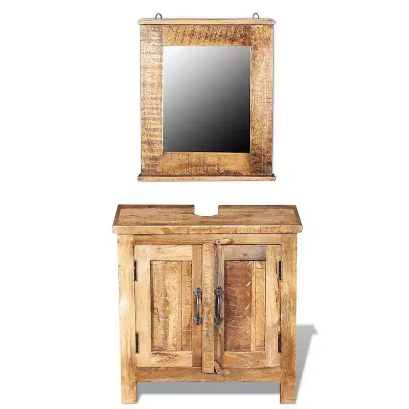 Solid Mango Wood Bathroom Vanity Cabinet with Antique-Style Mirror - Unique, Sturdy, 23.6 Cabinet with 2 Shelves and Wood Grain Variation