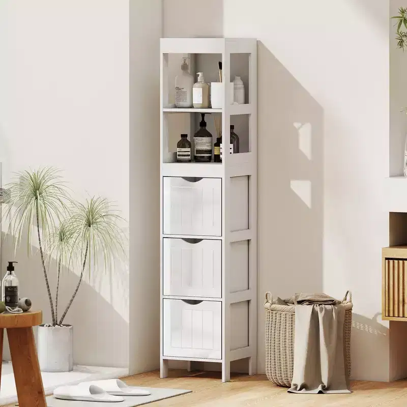 Slim Bathroom Storage Cabinet with 3 Drawers - Narrow Floor Cabinet for Small Spaces, White