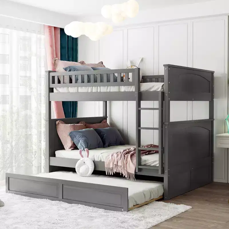 Full Over Full Bunk Bed with Twin Size Trundle, Pine Wood Bunk Bed with Guardrails, White