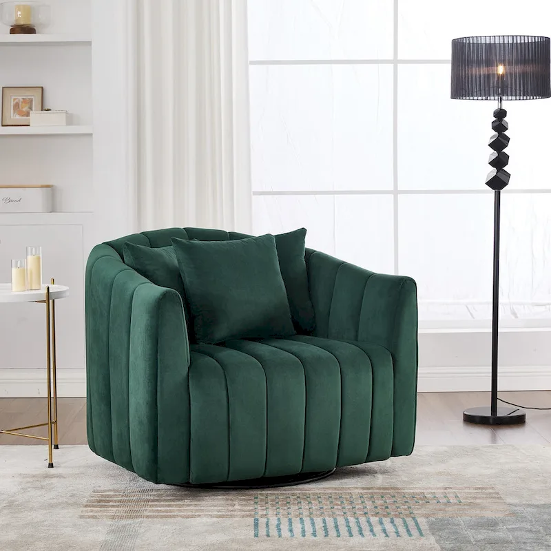 Oversized 360 Swivel Accent Barrel Chair with 3 Pillows, Velvet Channel Tufted Pumpkin-Shape Club Armchair