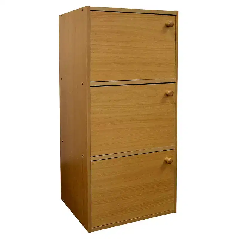 Ore International 35.5" 3 Level Bookshelf with Doors Tan Wood: Modern Style, Metal Hardware, Wood Frame