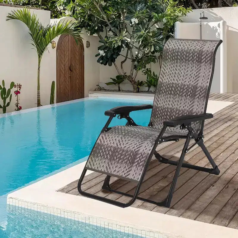 Rattan Reclining Folding Chair,Outdoor Adjustable Recliner,330lb Capacity,Portable Reclining Lounge Chair with Widened Armrest & Wicker for Poolside