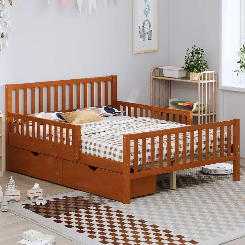 Full Wood Platform Bed with Guardrails and 2 Storage Drawers, Walnut