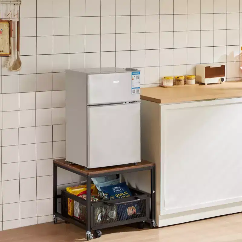 VEVOR Mini Fridge Stand with Storage, 198 lbs Mini Fridge Table with Movable Storage Cart & Swivel Wheels, Beverage Refrigerator Stand,Light Brown