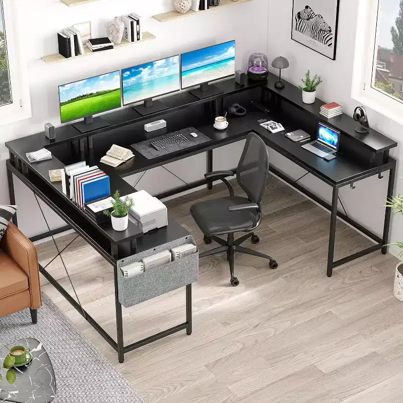 U Shaped Computer Gaming Desk,with LED Lights & Power Outlets,Corner Computer Desk with Storage Shelves,for Home Office