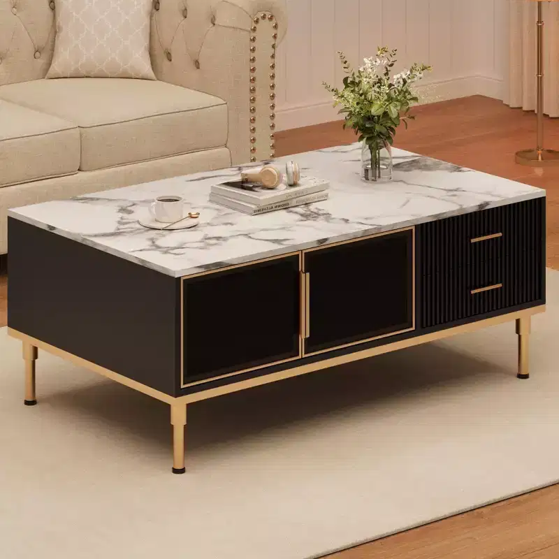 GustoWave Modern Coffee Table, Rectangle Center Table with 4 Drawers & 4 Glass Doors for Home Bedroom Office