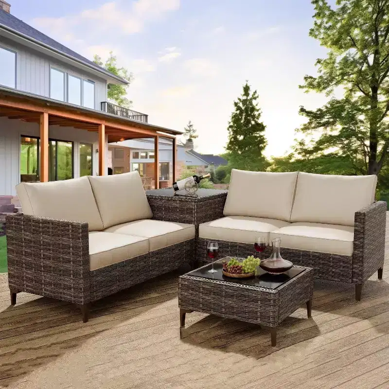 5-Piece Outdoor Wicker Conversation Set, All-Weather PE Rattan Patio Sectional Furniture Set with Cushions, 2 Loveseats, Side Table for Backyard