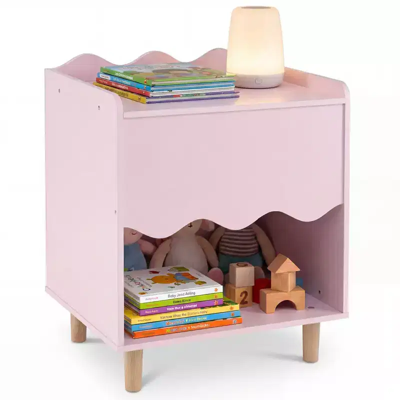 Kids Nightstand, Toddler Scalloped Side Table with Wide Top & Open Compartment Pink/White