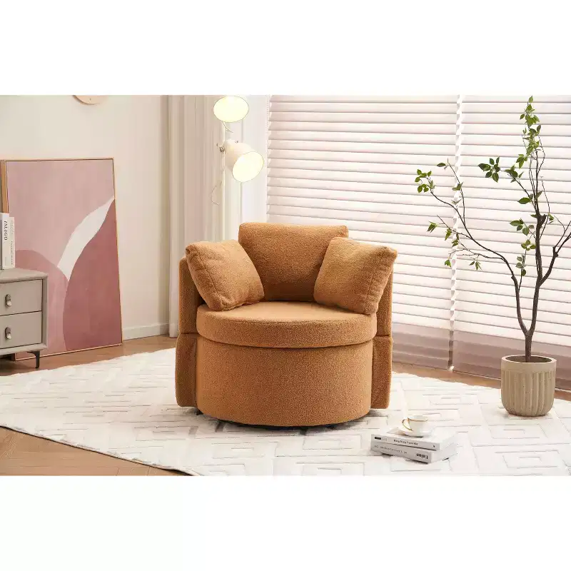 MAYEERTY Teddy Fabric Swivel Storage Chair, Back Cushion, Living Room, Khaki