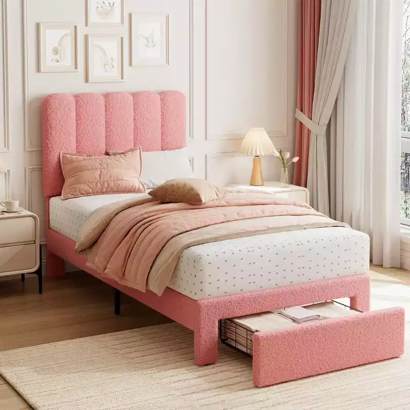 Kids Twin Bed, Boucle Upholstered Bed Frame with Storage Drawer, Wavy Headboard & Strong Wooden Slats, No Box Spring Needed, Pink