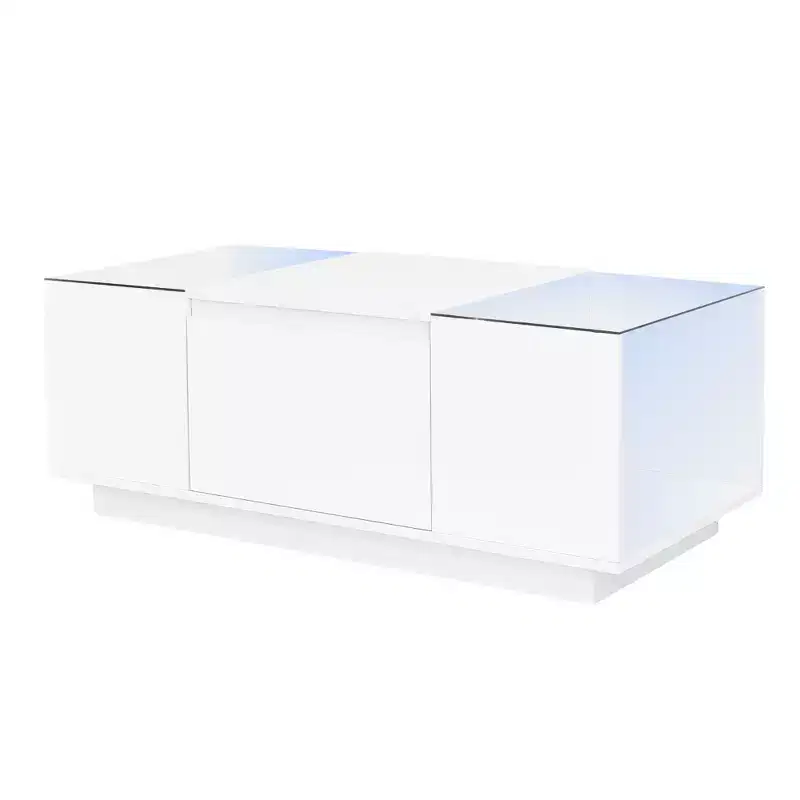 CLIHOME Modern LED Center Table with Glass Tabletop, Coffee Table with Open Storage Compartment and 2 Hidden Drawers