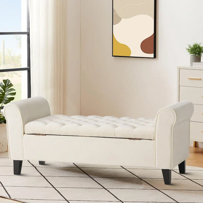 Upholstered Flip-Top Storage Bench with Rolled Armrests — Beige / Light Blue / Light Grey / Dark Gray / Brown / Navy Blue, 1-Seat