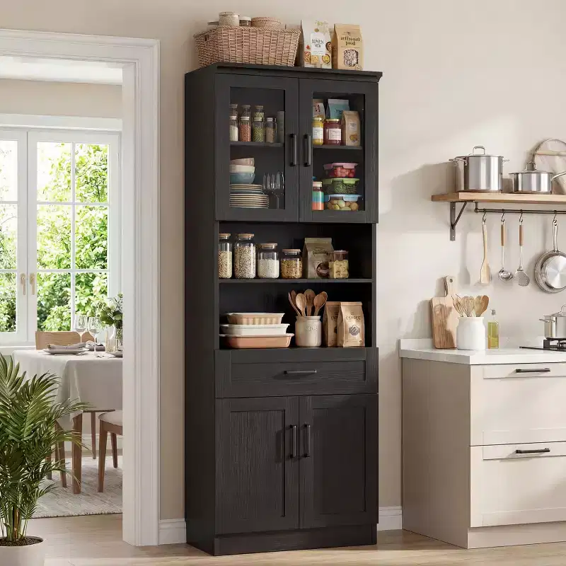 80'' Tall Kitchen Pantry Cabinet, Storage Bookcase with Glass Door and Wood Drawer