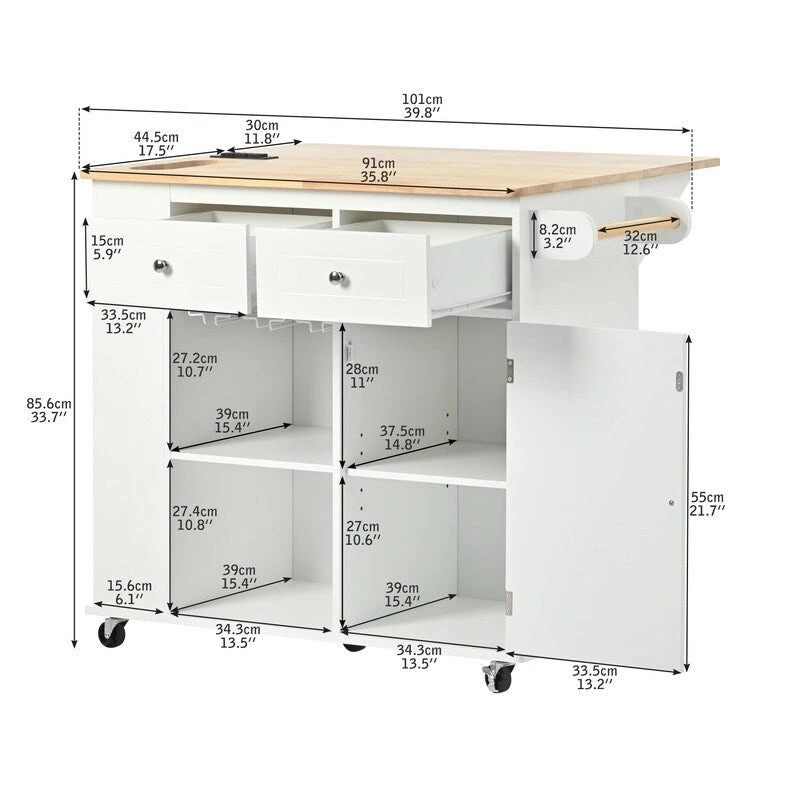 Drop Leaf Rubber Wood Kitchen Island with Power Outlet,Wine Rack