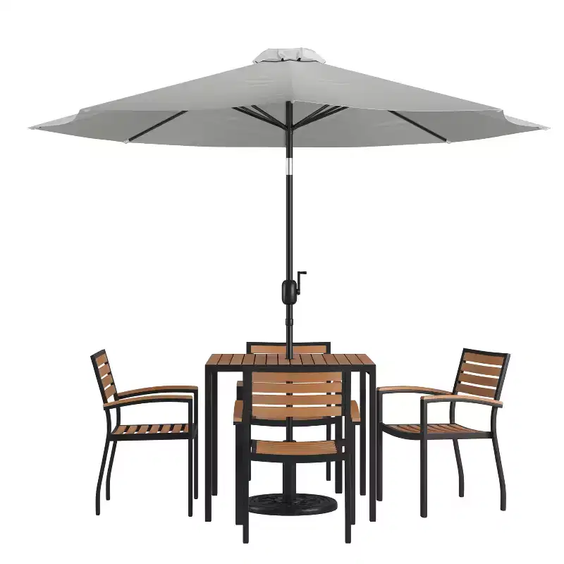 Merrick Lane Seven Piece Faux Teak Patio Dining Set Includes Table, Four Club Chairs, 9' Patio Umbrella and Base