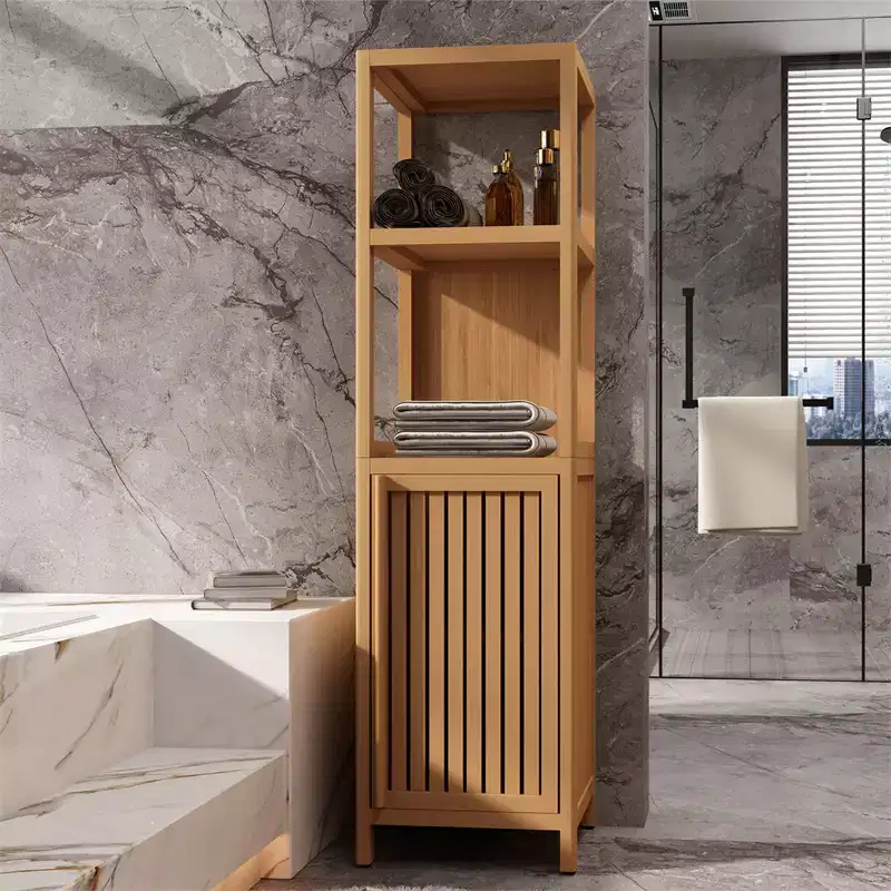 Tall Slim Storage Cabinet, Bamboo Bathroom Cabinet With Shutter Door And 3 Tier Shelves, Tower Corner Rack For Bathroom, Living Room, Kitchen Neutral