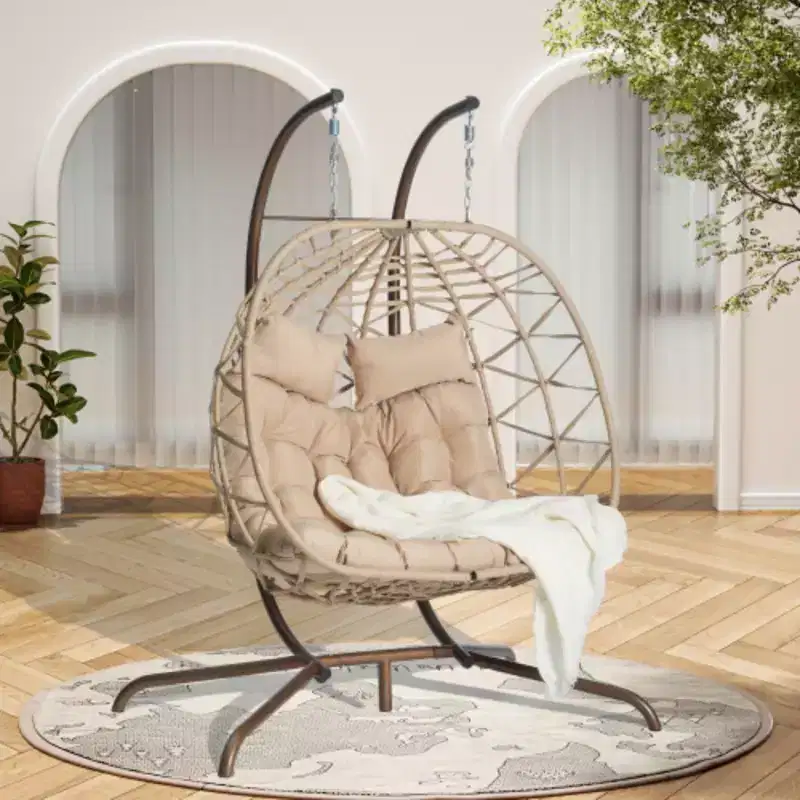 Double Egg Chair with Stand Hanging Indoor Outdoor Wicker Rattan Patio Basket Egg Swing Chair Hammock Egg Chairs