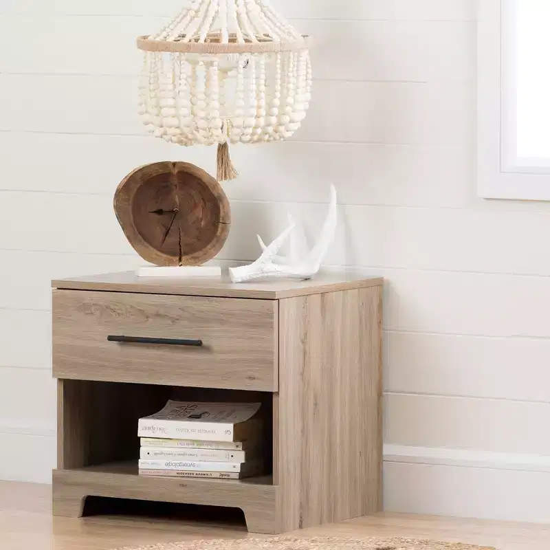 Drawer Nightstand Rustic Oak - Metal Handle, Open Shelf Storage