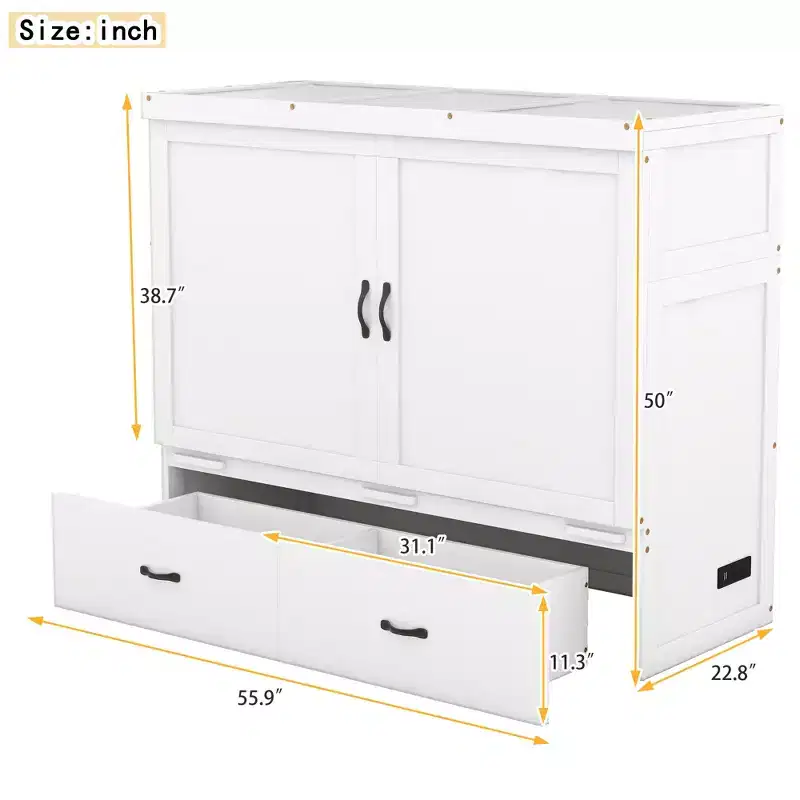 Murphy Bed Cabinet Full, Wood Mobile Murphy Chest Bed with USB Ports and Storage Drawers, White