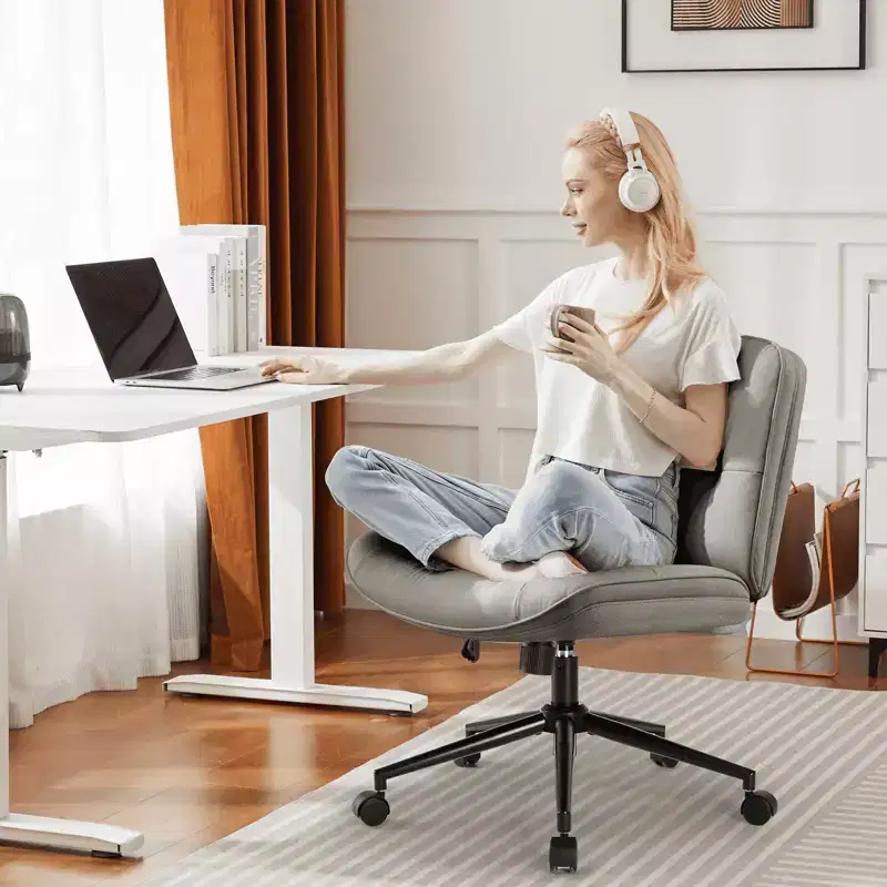 Chair Modern Home Criss Cross Legged Armless Wide Seat with Wheels Swivel Height Adjustable Comfy Computer Task Seating Room