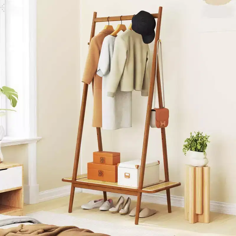 Costway Bamboo Clothes Rack Clothing Rack with Hanging Rod Rattan Shelf & 5 Copper Hooks Coffee/Natural