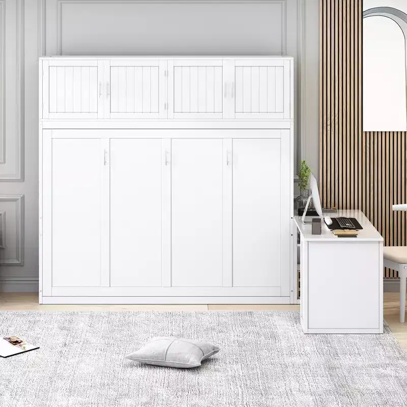 Whisen Morden Design Queen Size Murphy Bed, Folded into a Cabinet with Desk and Storage Shelves