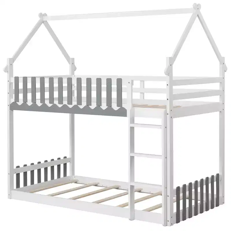 Twin Over Twin House Bunk Bed with Fence Guardrails and Ladder, Solid Wood, White