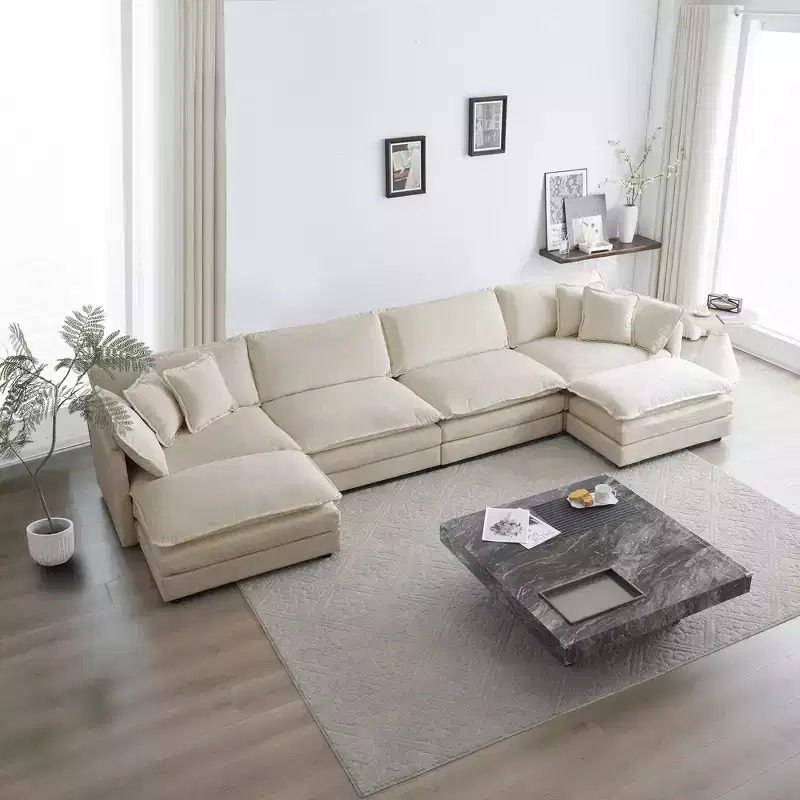 Reversible Chaise U-Shaped Sectional Sofa with Double Extra Ottomans in Green Chenille