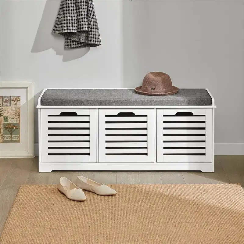 Upholstered Storage Bench with 3 Drawers and Removable Cushion