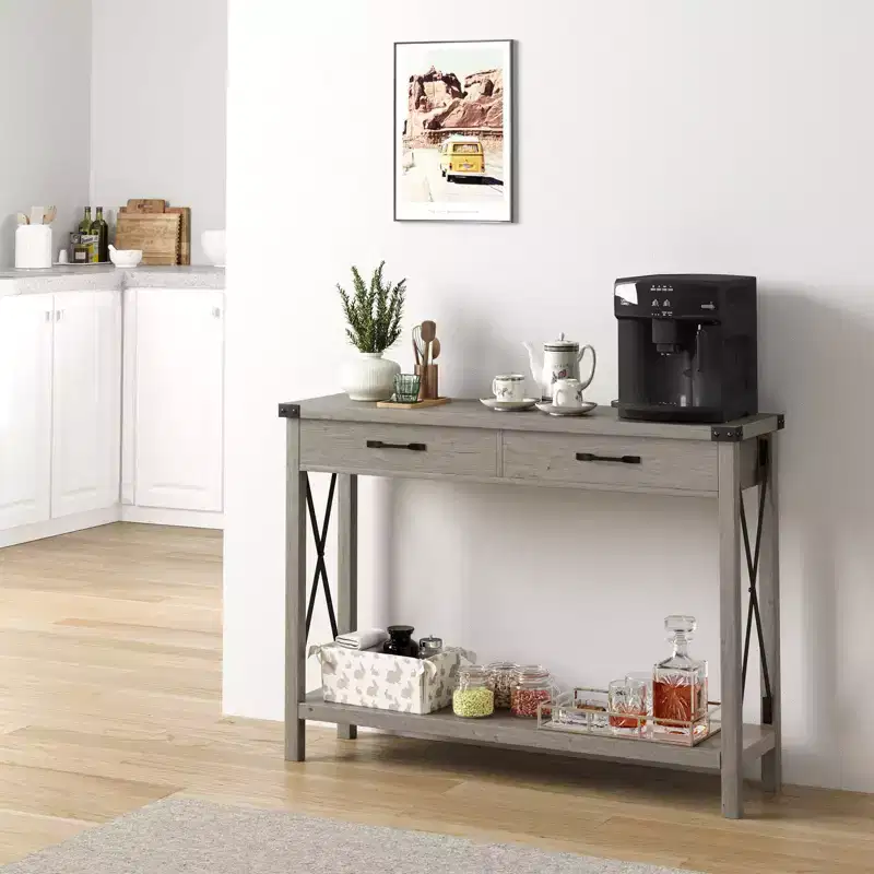 Gray Console Table with 2 Drawers, X-Metal Legs, Open Shelf – 110x30x80cm, 1-Person Use