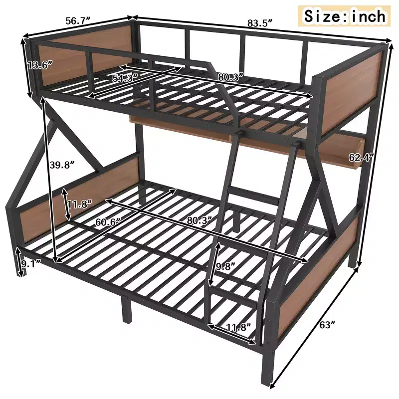 Full XL/Queen or Full+Storage Board/Queen Bunk Bed, Metal Bunk Bed with Storage Shelves and Lights, Space-saving & Noise-free Design, Black