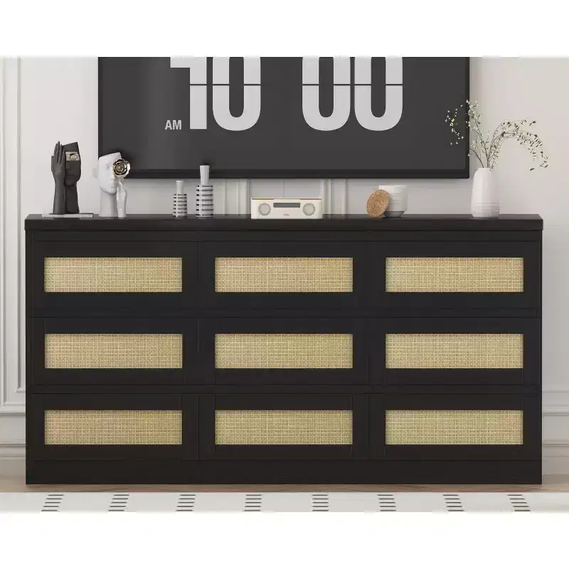Dresser for Bedroom, Rattan 9 Drawer Dresser for Closet, Double Wood Dressers & Chest of Drawers