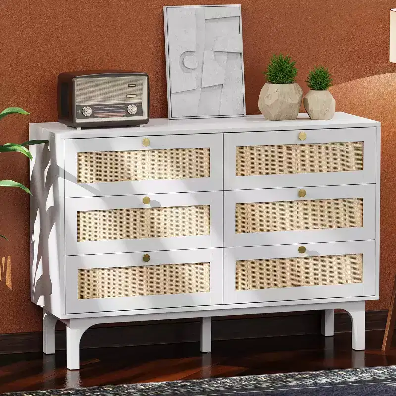 White Dresser 6 Drawer, 47.2 W Rattan Boho Dresser