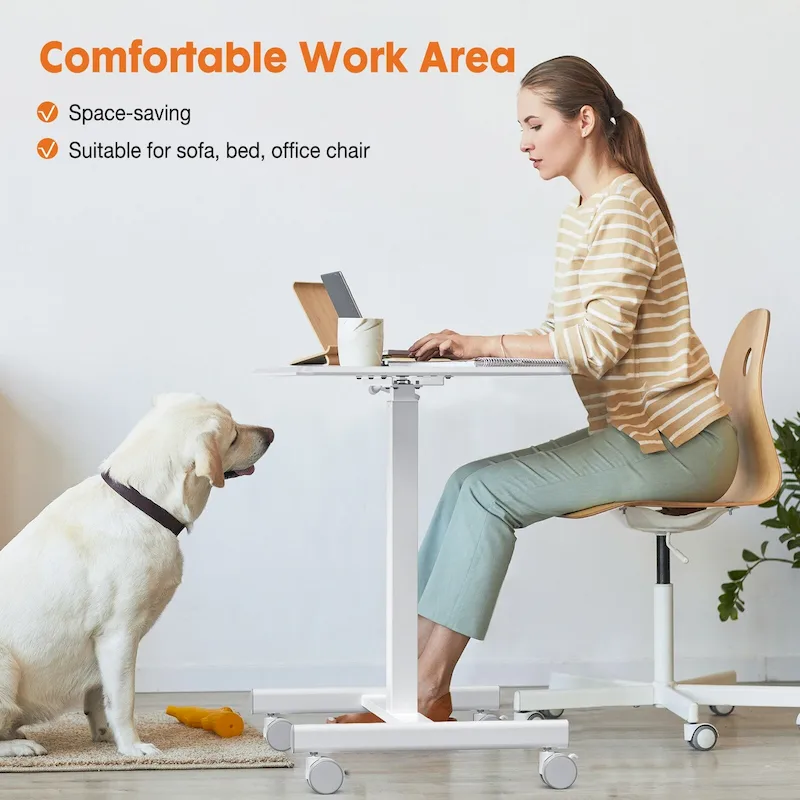 Modern Adjustable Standing Desk with Lockable Wheels and Gas Spring Lift for Home Office or Small Spaces