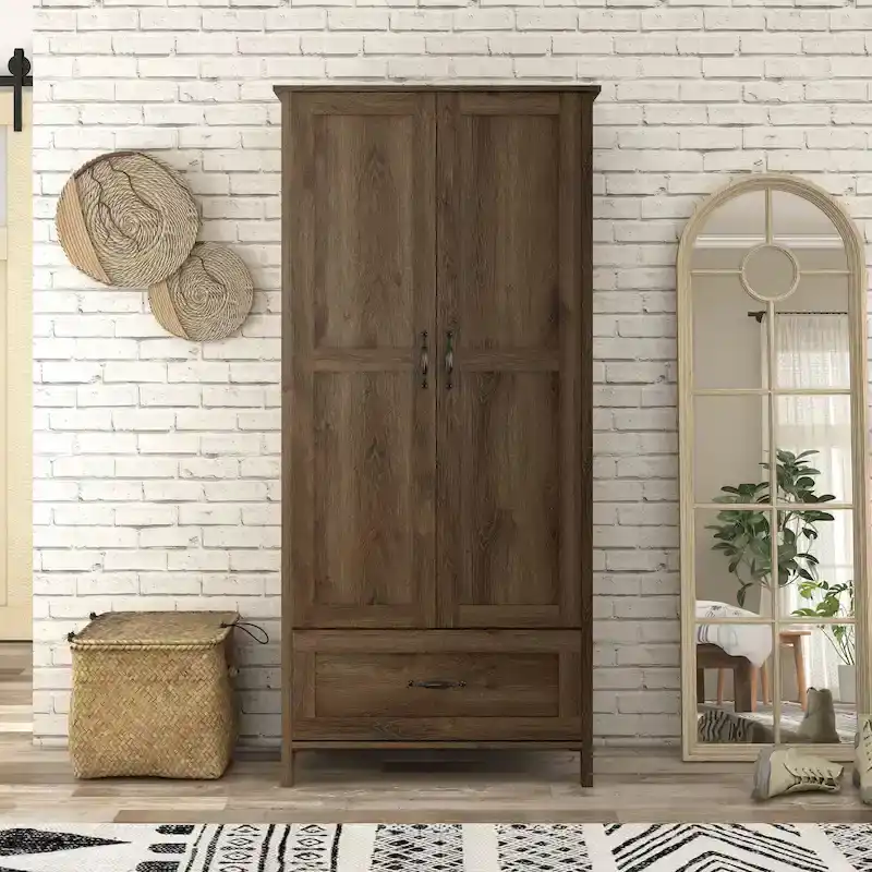 Rustic Distressed Walnut Wardrobe Closet with Double Doors and 1 Drawer, 71H x 33W x 19.5D in