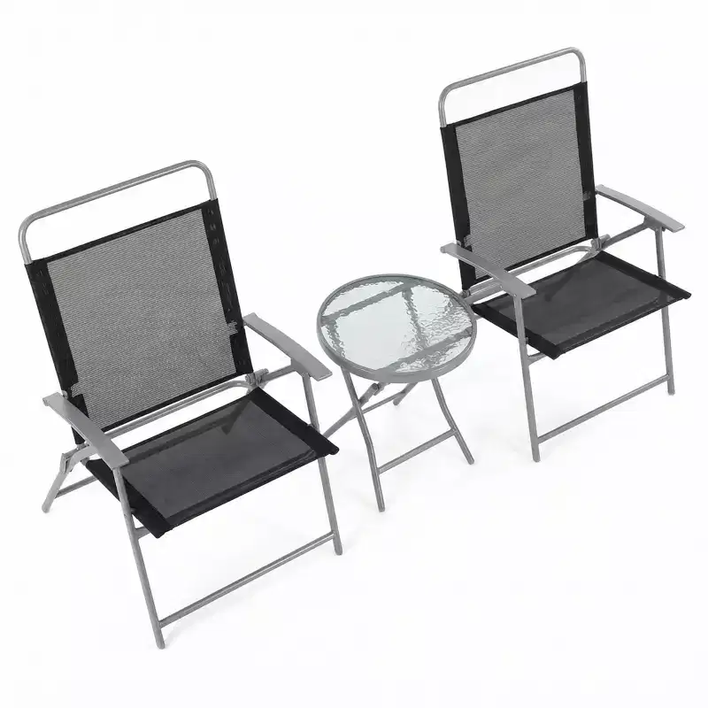Gymax 3PCS Portable Patio Folding Table and Chairs Set w/ Extra-Large Seats Metal Frame