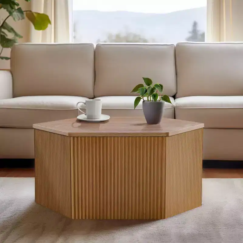 Ink+Ivy Honey Fluted Hexagon Coffee Table Contemporary Living Room Pedestal with Storage, Adjustable Feet