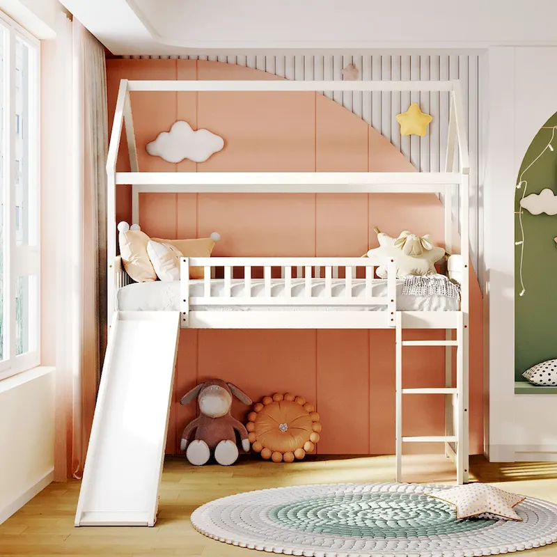 Twin House Loft Bed with Slide, Wood Frame, Kids Playhouse Bed, Fun Bedroom Design