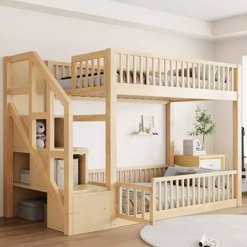 Whisen Twin over Twin Floor Bunk Bed& Bed Frame with Fence-Shaped Guardrails, Ladder with Storage