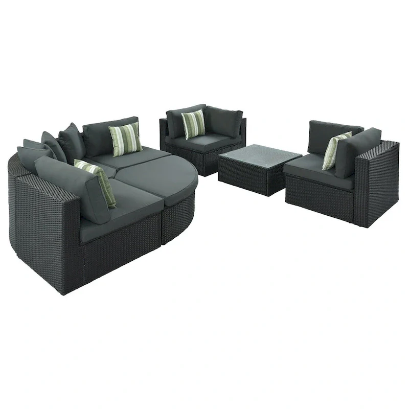 7 Pieces Outdoor Wicker Reversible Patio Sectional with Table, Cushions, and Pillows - 94.1 x 94.1
