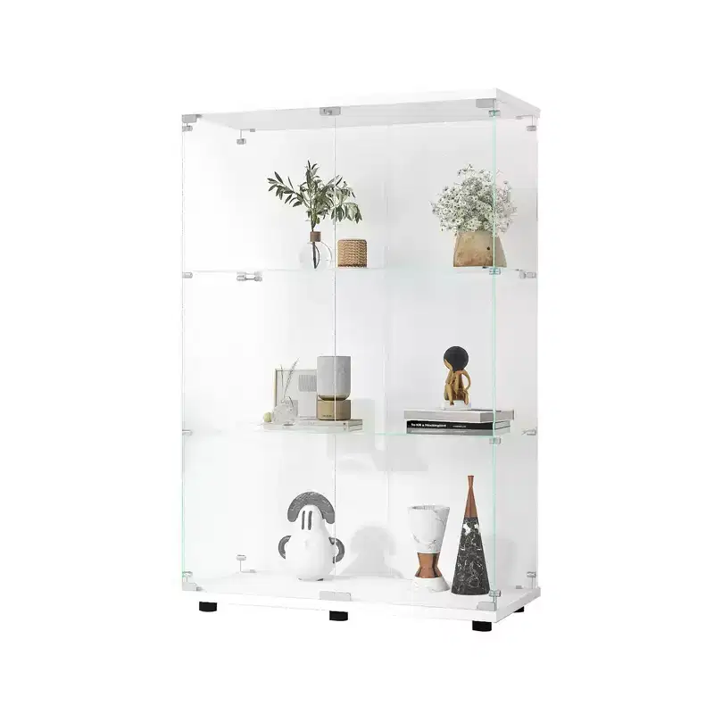 MAYEERTY Two Door Glass Display Cabinet 3 Shelves Floor Standing Curio 49.3x31.7x14.3 Inches Living Room Bedroom Office White
