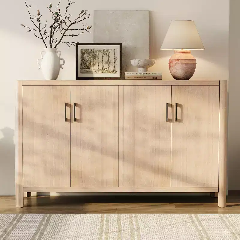 JVNOXK 59-inch Farmhouse-Style Four-Door Cabinet Natural wood veneer finish Rounded corners Storage space included Soft-close hinges Natural color